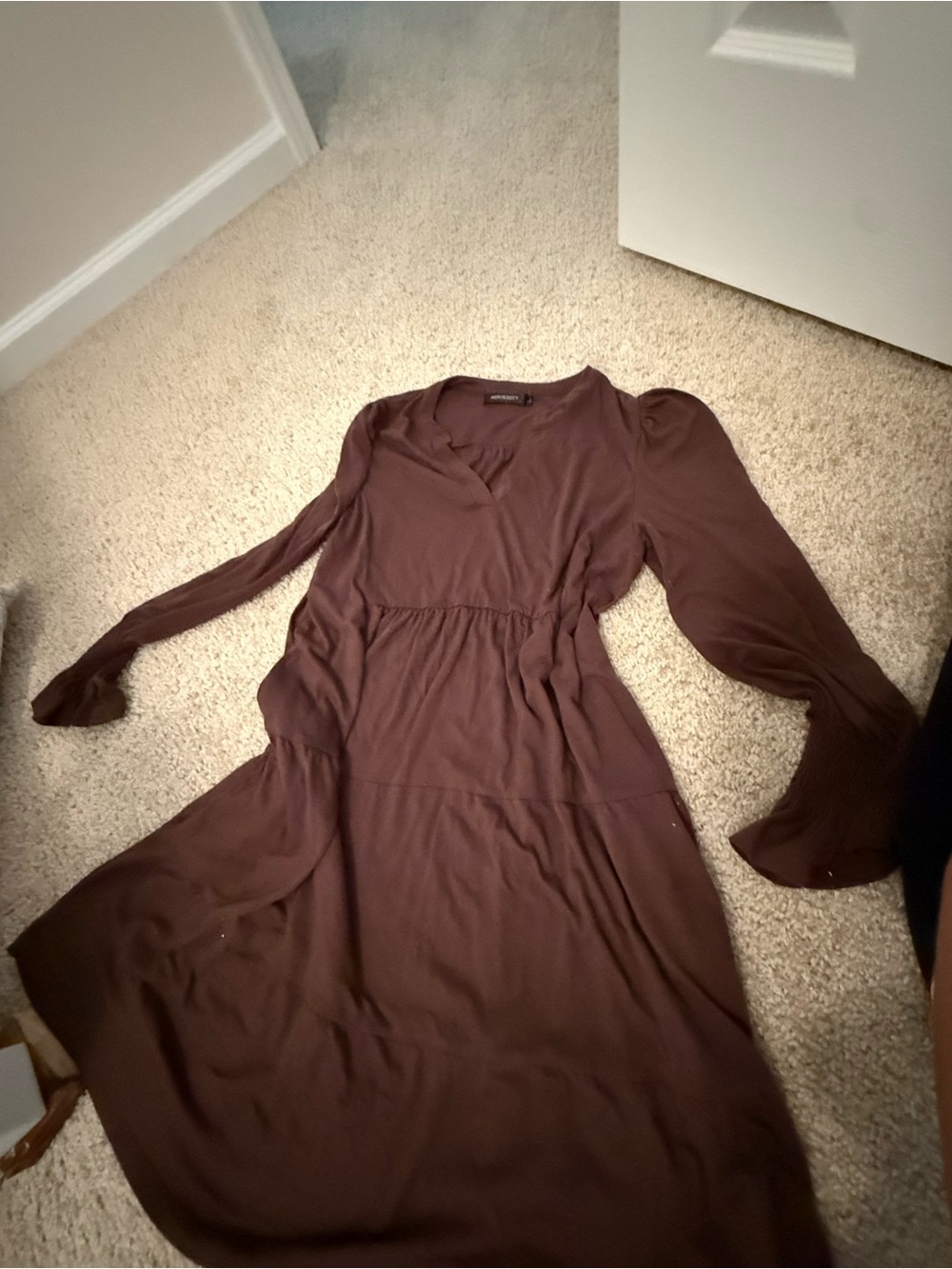 Brown Long-Sleeve Midi Dress with Gathered Waist